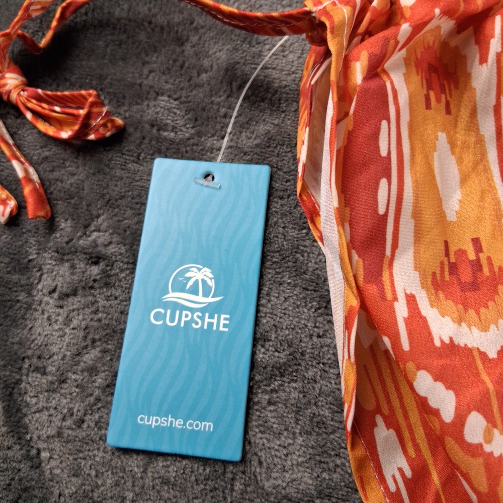 NWT Cupshe Romper Womens Small Orange Ikat Print V-Neck Drawstring Shoulder Boho - Picture 4 of 9